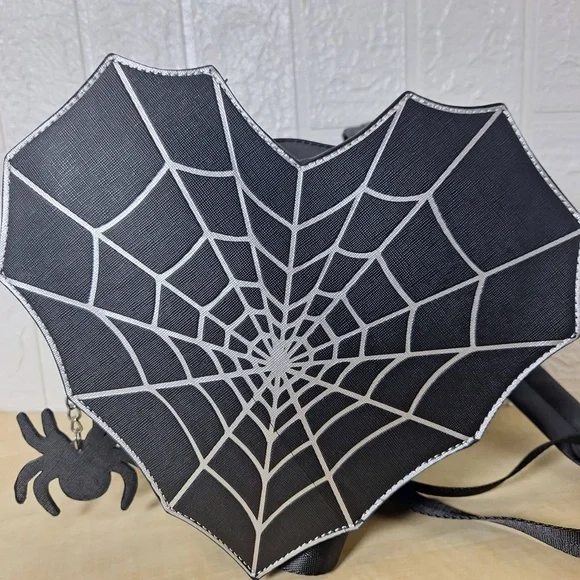 Mad Engine Fine By Me Black Spiderweb Heart Straps Goth Backpack Purse - Picture 3 of 11